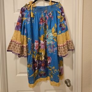 Blue Floral Off-Shoulder Boho Dress with Yellow Accents